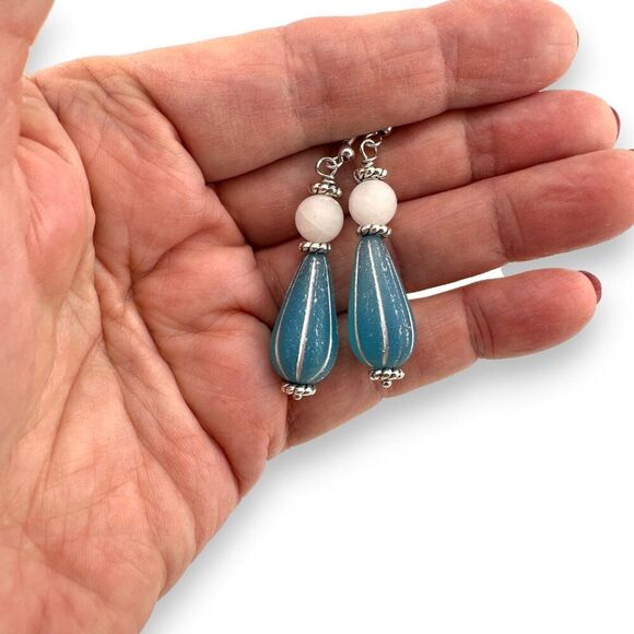 Blue Melon Teardrop & White Jade Earrings Czech Glass 925 Sterling Silver - Picture 7 of 10